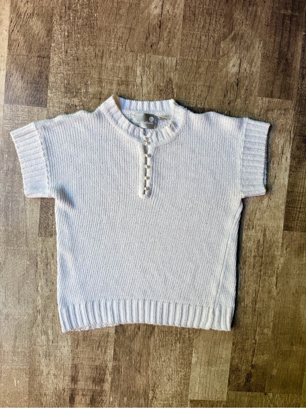 Vintage Valeria LeAnne Cream Knit Short Sleeve Sweater Faux Pearl Buttons